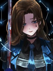  1girl armor black_background black_shirt blood blood_on_weapon blue_coat blue_eyes blue_jacket blue_necktie breastplate brown_hair closed_mouth coat collared_shirt commentary_request constellation danboru_22 e.g.o_(project_moon) facial_mark highres holding holding_sword holding_weapon jacket lapels limbus_company long_hair long_sleeves looking_at_viewer necktie notched_lapels parted_bangs pauldrons project_moon rapier rodion_(project_moon) sad shirt shoulder_armor simple_background solo sword tattoo teardrop_facial_mark teardrop_tattoo the_sword_sharpened_with_tears_(e.g.o) upper_body weapon 