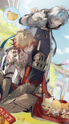  2boys antenna_hair arm_tattoo armlet armor black_choker black_coat black_shirt blonde_hair blue_eyes blue_sky braid cape character_doll chest_tattoo chinese_commentary choker clawed_gauntlets coat commentary_request doll earrings facial_tattoo gold_earrings gold_necklace gradient_hair grass highres honkai:_star_rail honkai_(series) jewelry leg_armor male_focus medium_hair mississipping multicolored_hair multiple_boys mydei_(fig_stew)_(honkai:_star_rail) mydei_(honkai:_star_rail) neck_tattoo necklace on_ground open_clothes open_coat parted_bangs pauldrons phainon_(honkai:_star_rail) red_cape red_hair red_tattoo shirt short_hair shoulder_armor side_braid side_cape single_pauldron sitting sky spoken_animal sun_symbol sun_tattoo tattoo white_coat white_hair yellow_eyes 
