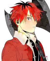  1boy abe_tsukasa axe closed_mouth highres holding holding_axe holding_weapon jacket red_eyes red_hair red_jacket short_hair simple_background sousou_no_frieren stark_(sousou_no_frieren) weapon white_background 