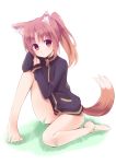  animal_ears barefoot bottomless brown_hair dog_ears dog_tail grass kemonomimi_mode kyuri naked_track_jacket no_pants ponytail red_eyes saki saki_achiga-hen sitting solo tail takakamo_shizuno track_jacket 