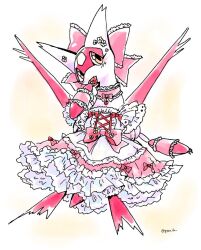  artist_name bow clothed_pokemon collar commentary_request detached_sleeves food fruit hair_bow holding holding_food holding_fruit lace_trim latias looking_at_viewer orange_eyes pink_bow pink_collar pokemon pokemon_(creature) pokemon_focus pyon_ko solo strawberry 