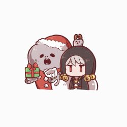  1boy antlers box chibi chibi_only christmas commentary cropped_torso fake_antlers gift gift_box grey_hair hat highres holding holding_gift hood horns jitome jojo_no_kimyou_na_bouken kasasagi_(hinagi) male_focus metallica_(stand) no_mouth pom_pom_(clothes) red_eyes reindeer_antlers risotto_nero sack santa_costume santa_hat stand_(jojo) untranslatable_commentary vento_aureo 