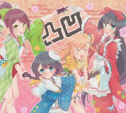  >_< 4girls :d azabu_mai beret black_gloves black_hair blue_eyes blue_kimono blunt_bangs blush bow braid brown_hair chaki!_(love_live!) closed_mouth commentary dekoboko_quartet gloves goto_akira green_bow green_kimono hair_bow half_up_braid hat highres ikizulive!_love_live!_bluebird japanese_clothes kimono komagata_hanabi long_hair looking_at_viewer love_live! multiple_girls nonda one_side_up open_mouth orange_background orange_hair pinstripe_kimono pinstripe_pattern red_bow red_kimono sidelocks smile split_mouth takahashi_polka tilted_headwear white_gloves white_hat xd yagasuri yellow_kimono 