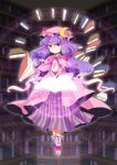  book bookshelf crescent flying hair_ribbon hat library long_hair magic_circle outstretched_hand patchouli_knowledge purple_eyes purple_hair rai_(3stone) ribbon shoes solo touhou violet_eyes voile 
