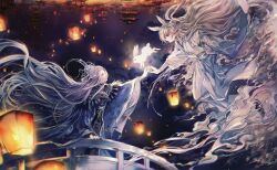  1boy 1girl absurdly_long_hair animal animal_ears architecture baishuo_(shining_nikki) black_capelet black_eyes black_hat blue_hanfu blue_robe bracer capelet chinese_clothes chinese_commentary commentary_request cowboy_shot crescent_halo east_asian_architecture extra_ears eye_contact feather-trimmed_capelet floating_hair forehead full_body grey_hair halo halo_behind_head hand_on_railing hanfu hat hetero highres holding_hands interlocked_fingers lantern localized_gravity long_hair long_sidelocks long_sleeves looking_at_another night nikki_(series) outdoors paper_lantern peacock_feathers qingyue_(shining_nikki) rabbit rabbit_boy rabbit_ears reaching robe shining_nikki sidelocks topknot upside-down_world very_long_hair wavy_hair wide_sleeves xiangyun yellow_eyes yunjian yuzhou_natie_ya 