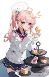  ! !! +_+ 1girl absurdres ahoge black_sailor_collar black_thighhighs blue_archive blue_skirt cake cardigan chinese_commentary commentary_request cream cream_on_face doughnut eating food food_on_face full_mouth halo hand_to_own_mouth hands_up highres holding holding_donut holding_food long_hair long_sleeves maochibuqihuyu natsu_(blue_archive) neckerchief phone_in_pocket pink_hair pink_halo pleated_skirt red_eyes red_neckerchief sailor_collar school_uniform side_ponytail simple_background skirt solo strawberry_cake thigh-highs tiered_tray trinity_general_school_logo white_cardigan 