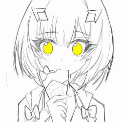  1girl azur_lane blush commentary crepe eating explorer_(azur_lane) food food_in_mouth greyscale hair_between_eyes hand_up headgear highres holding holding_crepe holding_food jaggi_95 looking_at_viewer medium_hair monochrome solo upper_body wide-eyed yellow_eyes 