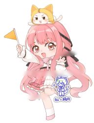  ahoge animal animal_on_head ankle_socks belt black_belt black_bow black_ribbon blunt_bangs bow bowtie brown_eyes cat cat_on_head censored chinese_commentary cloak clothed_animal commentary_request commission dot_nose ear_covers eyelashes flag frilled_shirt frilled_skirt frilled_sleeves frills hair_bow hair_ribbon happy high-waist_skirt holding holding_flag hood hood_up hooded_cloak infinity_nikki knees layered_skirt leg_up light_blush long_hair long_sidelocks long_sleeves medium_skirt momo_(nikki) mosaic_censoring nikki_(nikki) nikki_(series) on_head open_mouth outstretched_arm perfect_start_(infinity_nikki) pink_bow pink_bowtie pink_hair pink_ribbon pink_shoes pink_skirt pleated_skirt print_skirt puffy_long_sleeves puffy_sleeves ribbon ruanmuyunruanyun sample_watermark shirt shoes sidelocks simple_background skirt smile snowflake_print socks tareme tress_ribbon v-shaped_eyebrows very_long_hair watermark waving wavy_hair whiskers white_background white_cat white_shirt white_skirt white_socks yellow_cloak 