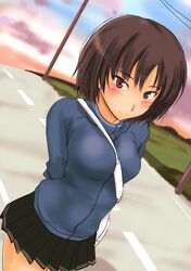  amagami arms_behind_back bag between_breasts black_hair blush breasts brown_eyes dutch_angle female looking_at_viewer murasaki_iro nanasaki_ai pleated_skirt power_lines powerlines road school_bag school_uniform short_hair skirt smile solo strap_cleavage 