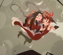 2girls akemi_homura akemi_homura_(magical_girl) argyle_clothes argyle_pantyhose black_hair black_sleeves black_thighhighs blush boots bow bowtie braid capelet carrying carrying_person detached_sleeves dress falling floating_hair frills glasses hair_floating_upwards hair_ribbon high_ponytail leg_up long_hair looking_at_another mahou_shoujo_madoka_magica multiple_girls official_alternate_hairstyle opaque_glasses open_mouth ponytail princess_carry red-framed_eyewear red_boots red_dress red_hair ribbon ribbon_braid sakura_kyoko sakura_kyoko_(magical_girl) she_li_(lynxm) smoke soul_gem thigh-highs thigh_boots twin_braids 