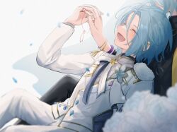  2boys black_pants black_shirt blue_hair blurry blurry_foreground bracelet brooch brothers closed_eyes commentary_request crying ear_piercing ensemble_stars! epaulettes falling_petals flower flower_brooch grey_shirt hair_between_eyes half-siblings himeru_(ensemble_stars!) holding_hands jacket jewelry layered_sleeves leaning_on_person long_hair_between_eyes long_sleeves multiple_boys oishii_gohan open_mouth pants petals piercing reclining shirt short_hair siblings single_epaulette single_shoulder_pad smile solo_focus string string_of_fate teeth tojo_kaname turtleneck white_flower white_jacket white_pants white_shirt 