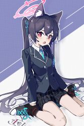  1girl abydos_high_school_logo animal_ear_fluff animal_ears aqua_necktie armband black_gloves black_hair black_skirt blazer blue_archive blue_armband blue_jacket blush cat_ears cat_girl chinese_commentary commentary_request crossed_bangs extra_ears fang gloves hair_between_eyes halo highres holding_own_ankles id_card jacket long_hair looking_at_viewer necktie open_mouth pink_halo red_eyes serika_(blue_archive) shanqianqian_377 shirt shorts shorts_under_skirt sitting skirt solo twintails wariza white_shirt 