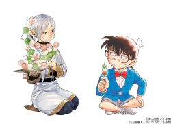  1boy 1girl abe_tsukasa aoyama_goushou blue_eyes bow bowtie brown_hair capelet closed_mouth company_connection copyright_notice crossed_legs dango dress earrings eating edogawa_conan elf food frieren glasses green_eyes grey_hair holding holding_skewer jacket jewelry long_hair long_sleeves meitantei_conan official_art parted_bangs pointy_ears sanshoku_dango seiza shirt short_hair shorts shuukan_shounen_sunday simple_background sitting skewer sousou_no_frieren twintails wagashi white_background white_capelet white_hair white_shirt 