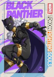  1girl absurdres animal_ears anklet armlet black_bodysuit black_panther_(series) black_panther_(shuri) bodysuit breasts cape character_name clawed_gloves fur-trimmed_cape fur_trim gold_anklet gold_thighlet highres jewelry large_breasts marvel marvel_tokon:_fighting_souls mask official_art panther_ears promotional_art purple_cape solo superhero_costume thighlet 