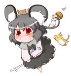  animal_on_head barefoot basket blush cat cat_on_head chibi dowsing_rod fang highres jeweled_pagoda mouse mouse_ears mouse_tail nazrin open_mouth red_eyes running shimashima_nezumi simple_background skirt tail tears touhou white_background 