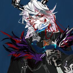  1girl badge black_coat black_horns blue_background closed_mouth coat commentary english_commentary fur-trimmed_coat fur_trim grey_fur grey_hair hair_between_eyes heterochromia highres horns leonxiotta looking_at_viewer looking_down sketch solo star-shaped_pupils star_(symbol) sunbringer_(zenless_zone_zero) symbol-shaped_pupils upper_body wavy_hair zenless_zone_zero 