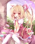  ascot blonde_hair blush dress fang flandre_scarlet highres kemonomimi_mode nanase_nao open_mouth red_eyes short_hair side_ponytail sitting skirt smile solo thigh-highs thighhighs touhou wall wings 