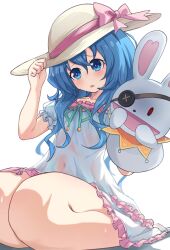  1girl blue_eyes blue_hair blush date_a_live dress frills hat highres himekawa_yoshino long_hair looking_at_viewer pink_ribbon ribbon sitting solo straw_hat stuffed_toy thighs upper_body wet wet_clothes white_dress yoshinon yunmo_(znfc8352) 