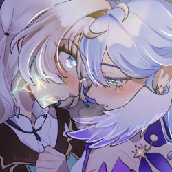  2girls aqua_eyes artist_name blush commentary divinastra earrings english_commentary face_jewel firefly_(honkai:_star_rail) forehead-to-forehead grey_hair head_wings heads_together highres honkai:_star_rail honkai_(series) jewelry multiple_girls parted_lips robin_(honkai:_star_rail) signature wings yuri 