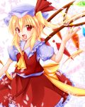  arm_up ascot blonde_hair blouse bow cherry_blossoms eyelashes fang fingernails flandre_scarlet frills hat hat_ribbon heart highres kei_yuiba looking_at_viewer magic_circle nail_polish open_hand open_mouth payot puffy_sleeves red_eyes ribbon short_hair short_sleeves side_ponytail skirt solo tongue touhou vest white_background wings 