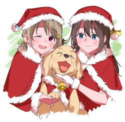  2girls blue_eyes blush brown_hair capelet commentary_request dog fur-trimmed_capelet fur-trimmed_headwear fur_trim gloves golden_retriever haruruhaharur hat highres long_hair love_live! love_live!_nijigasaki_high_school_idol_club multiple_girls nakasu_kasumi one_eye_closed open_mouth ophelia_(love_live!) osaka_shizuku red_capelet red_eyes red_hat santa_costume santa_hat smile white_gloves 