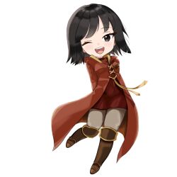  :d absurdres black_eyes black_hair boots brown_boots brown_leggings chibi chibi_only commentary dress english_commentary eyelashes full_body gryffindor harry_potter:_magic_awakened harry_potter_(series) highres knee_boots lace-up leg_up leggings light_blush looking_at_viewer loose_hair_strand mandy_(c_y_18) one_eye_closed red_dress red_robe ribbed_dress robe robyn_thistlethwaite school_emblem short_dress simple_background smile standing standing_on_one_leg teeth transparent_background turtleneck turtleneck_dress upper_teeth_only wizarding_world yellow_trim 
