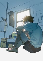  1boy ball barefoot bed black_jacket black_shorts commentary crossed_arms haikyuu!! highres hinata_shouyou jacket knees_up male_focus mr_study orange_hair shirt short_hair shorts sitting solo t-shirt untranslatable_commentary unworn_shirt volleyball_(object) white_shirt window 