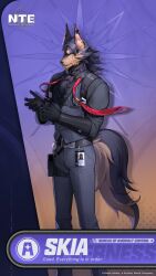  1boy absurdres animal_ears arm_guards black_fur black_shirt commentary dog_boy dog_ears dog_tail english_commentary furry furry_male highres looking_at_viewer necktie neverness_to_everness official_art pinstripe_pattern pinstripe_vest red_necktie scar scar_across_eye scar_on_face shirt skia_(neverness_to_everness) solo tactical_gloves tail vest 