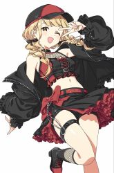  arm_up armpits bare_legs bare_shoulders baseball_cap belt black_jacket black_shorts blonde_hair boots bow braid chain commentary_request crop_top ezo_egg fishnet_socks fishnet_top fishnets frilled_shirt frills fujita_kotone gakuen_idolmaster hat highres idolmaster jacket jacket_partially_removed legband long_hair long_sleeves navel petticoat red_belt red_bow shirt short_shorts shorts simple_background socks stomach strap twin_braids v white_background yellow_eyes 