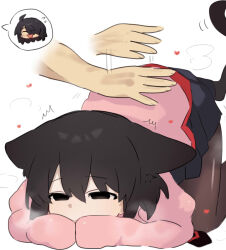  1boy 1girl :d ^^^ ^_^ ahoge all_fours animal_ears araragi_koyomi black_eyes black_hair black_necktie black_pantyhose black_skirt blush bob_cut cat_ears cat_girl cat_tail closed_eyes collared_shirt commentary covering_own_mouth disembodied_hand dress_shirt empty_eyes english_commentary feet_out_of_frame floppy_ears flying_sweatdrops hair_between_eyes hand_on_another's_back happy heart highres juliet_sleeves kemonomimi_mode long_sleeves monogatari_(series) motion_lines naoetsu_high_school_uniform narrowed_eyes necktie oshino_ougi pale_skin pantyhose patting_back petting pink_shirt pleated_skirt puffy_long_sleeves puffy_sleeves raised_eyebrows red_trim school_uniform shirt short_hair simple_background skirt sleeves_past_fingers sleeves_past_wrists smile solo_focus spoken_character steam steaming_body tail tail_raised tail_wagging tsugumi_(tgm_615486) white_background 
