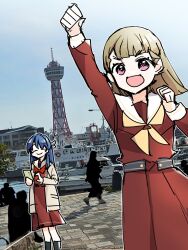  2girls :d arm_up brown_cardigan brown_dress cardigan cellphone clenched_hands closed_mouth commentary_request cowboy_shot dollchestra dress fukuoka_prefecture hakata hand_up hasu_no_sora_school_uniform highres holding holding_phone kachimachi_kosuzu kanduki_kamibukuro long_sleeves love_live! love_live!_hasu_no_sora_jogakuin_school_idol_club medium_dress multiple_girls murano_sayaka neckerchief open_cardigan open_clothes open_mouth outdoors people phone pleated_dress raised_fist red_neckerchief sailor_collar sailor_dress school_uniform smartphone smile standing v-shaped_eyebrows virtual_youtuber white_sailor_collar winter_uniform yellow_neckerchief 