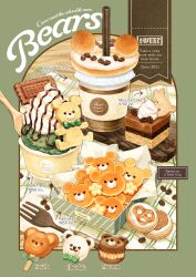  animal-themed_food cafe_au_lait cake candy castella_(food) chocolate coffee_beans commentary_request cookie cup disposable_coffee_cup disposable_cup doughnut english_text food food_focus fork highres macaron mini_pancake mousse_(food) no_humans original parfait somemachi spoon wooden_spoon 