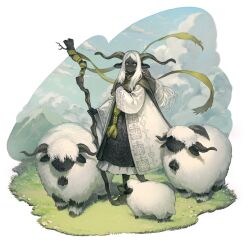  1girl 9twoeight absurdres animal animal_ears bell black_dress black_skin boots brown_cloak brown_horns cloak clouds coat colored_skin commentary cowbell diorama dress floating_hair flower frilled_dress frills grass green_boots green_eyes hand_up highres holding holding_staff horizontal_pupils horns jewelry long_hair looking_at_viewer middle_part mountain necklace original parted_lips patterned_clothing pendant sheep sheep_ears sheep_girl shepherd sky solo staff white_background white_coat white_hair wide_sleeves 