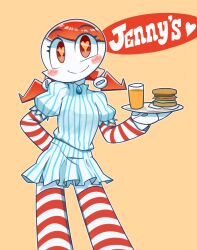  1girl blush_stickers burger character_name closed_mouth colored_skin commentary cosplay dishwasher9 dress drink english_commentary feet_out_of_frame food heart heart-shaped_pupils holding holding_tray humanoid_robot jenny_wakeman joints low_twintails mechanical_hair metal_skin my_life_as_a_teenage_robot pinstripe_dress pinstripe_pattern red_eyes red_hair robot robot_joints smile solo standing striped_clothes striped_thighhighs symbol-shaped_pupils thigh-highs tray twintails wendy's wendy_(wendy's) wendy_(wendy's)_(cosplay) white_skin 