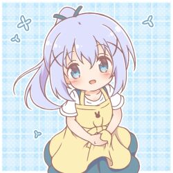  1girl :d apron blue_eyes blue_hair blue_ribbon blue_skirt blush commentary_request gochuumon_wa_usagi_desu_ka? hair_between_eyes hair_ornament hair_ribbon kafuu_chino looking_at_viewer mitarashi_neko plaid_background pleated_skirt ponytail ribbon shirt short_sleeves skirt smile solo suspender_skirt suspenders textless_version white_shirt x_hair_ornament yellow_apron 