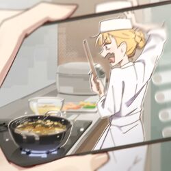  1girl alternate_costume auklet5580 blonde_hair chat_log chef_hat cho_kaguya-hime! chopsticks commentary cooking cooking_oil cooking_pot fang hair_up hat highres holding holding_chopsticks kaguya_(cho_kaguya-hime!) livestream motion_blur open_mouth pov scared skin_fang stove 