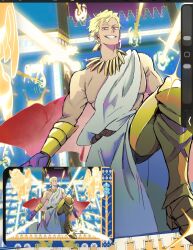  1boy adapted_costume blonde_hair earrings fate/strange_fake fate_(series) floating floating_object floating_sword floating_weapon gauntlets gilgamesh_(fate) gold_earrings gold_necklace grin highres jewelry male_focus necklace official_alternate_costume red_eyes rehaa5020 short_hair smile solo sword toga toned toned_male weapon 