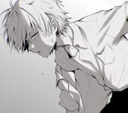  1boy adam's_apple dress_shirt eva_suzuri from_side grey_background greyscale highres looking_at_viewer male_focus monochrome nagisa_kaworu neon_genesis_evangelion off-shoulder_shirt off_shoulder open_clothes open_shirt school_uniform shirt shirt_tucked_in short_hair simple_background solo tokyo-3_middle_school_uniform undershirt wet wet_clothes wet_hair 