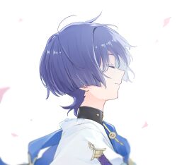  1boy black_bodysuit black_hair blue_cape blunt_ends bodysuit cape closed_eyes closed_mouth colored_inner_hair facing_to_the_side falling_petals from_side genshin_impact grey_hair highres japanese_clothes kimono male_focus mi_gnsn multicolored_hair petals pink_petals profile purple_rope rope scaramouche_(genshin_impact) side_cape smile solo turtleneck turtleneck_bodysuit wanderer_(genshin_impact) white_background white_kimono white_sleeves 