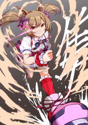  1girl absurdres animal_ears bow breasts brown_eyes brown_hair center_frills commentary_request eye_trail frills gyudon._(peilbanker) hair_between_eyes hair_bow highres horse_ears horse_girl horse_tail light_trail multiple_hair_bows pink_bow pink_shoes pink_skirt puffy_short_sleeves puffy_sleeves purple_bow red_socks running shirt shoes short_sleeves skirt small_breasts smart_falcon_(love_4ever)_(umamusume) smart_falcon_(umamusume) socks solo suspender_skirt suspenders tail twintails umamusume variant_set white_shirt wrist_cuffs 