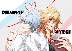 2boys absurdres alternate_costume antenna_hair blonde_hair blue_eyes book braid character_name chest_tattoo chinese_commentary chrysos_heirs_school_uniform collared_shirt commentary_request facial_tattoo glasses gold_necklace gradient_hair highres holding holding_book honkai:_star_rail honkai_(series) jewelry male_focus medium_hair miaowowo2025 multicolored_hair multiple_boys mydei_(honkai:_star_rail) neck_tattoo necklace parted_bangs phainon_(honkai:_star_rail) red_hair red_tattoo school_uniform shirt short_hair side_braid tattoo v white_hair white_shirt yellow_eyes 