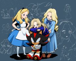  1boy 2boys 2girls 3girls aged_down alice's_adventures_in_wonderland alice_(alice_in_wonderland) animal_ears animal_nose apron black_fur blonde_hair blue_bow blue_bowtie blue_dress blue_eyes blue_jacket blush body_fur bow bowtie carrying child crossed_arms crossover diana_(pragmata) disney dress furry furry_male gloves hairband hands_on_own_hips hedgehog highres jacket kaiyuki04 long_hair long_sleeves looking_at_another marnie_(omoide_no_marnie) multiple_boys multiple_girls multiple_views omoide_no_marnie open_mouth pantyhose piggyback pleated_skirt pragmata puffy_short_sleeves puffy_sleeves red_eyes red_fur sad shadow_the_hedgehog shoes short_sleeves skirt smile sonic_(series) standing studio_ghibli tears white_gloves 