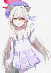  1girl absurdres ahoge animal_ears bare_shoulders bell blue_archive blue_hat blush commentary_request dress earrings gloves grey_hair hat highres jewelry long_hair looking_at_viewer michiru_(blue_archive) neck_bell noger_(hibiki2542) open_mouth pantyhose raccoon_ears raccoon_girl raccoon_tail simple_background smile solo tail very_long_hair white_background white_dress white_gloves white_pantyhose yellow_eyes 
