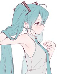  1girl ahoge aqua_hair aqua_necktie armpits from_side hair_between_eyes hand_in_own_hair hatsune_miku highres long_hair necktie rakugaki_ningen shirt simple_background sleeveless sleeveless_shirt solo twintails very_long_hair vocaloid white_background white_shirt 