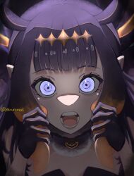 1girl absurdres blunt_bangs diamond_hairband eizuremon gloves grabbing_own_hair hairband highres holding_own_hair hololive hololive_english long_hair looking_at_viewer ninomae_ina'nis ninomae_ina'nis_(1st_costume) open_mouth orange_hair orange_hairband pointy_ears purple_gloves purple_hair solo teeth tentacle_hair violet_eyes virtual_youtuber 