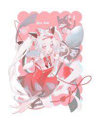  1girl absurdres animal_ear_fluff animal_ears black_ribbon bow bowtie braid cat cat_ears cat_tail chinese_commentary commentary_request diamond_(shape) diamond_facial_mark dress facial_mark food food_print fork fruit fruit_print grey_hair hair_bow hair_ribbon hairband heart heart_facial_mark highres honkai:_star_rail honkai_(series) jewelry lao_qin_xiang_chifan leg_ribbon looking_at_viewer mark_under_both_eyes necklace open_mouth paw_pose pearl_necklace pink_eyes red_bow red_bowtie red_dress red_hairband ribbon solo sparkle_(honkai:_star_rail) sparxie_(honkai:_star_rail) spoon spoon_bow strawberry strawberry_print tail wrist_cuffs 