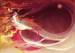  1girl abstract absurdres black_eyes black_hair closed_mouth commission fire floating_hair from_side half-closed_eyes highres inuyasha japanese_clothes kikyou_(inuyasha) kimono long_hair long_sleeves mihuashi_commission moon outstretched_hand profile red_skirt sample_watermark shinidamachuu sidelocks skirt solo standing stone_lantern sui_yin watermark white_kimono 