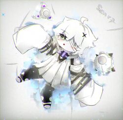  1girl adversarial_noise ahoge arm_up artist_name bandage_over_one_eye bare_shoulders blush commentary deformed detached_sleeves dress english_commentary fang full_body grey_eyes hair_ornament highres long_sleeves looking_at_viewer no._21's_buddy_(pgr) no._21:_xxi_(pgr) no._21_(pgr) one_eye_covered open_mouth punishing:_gray_raven robot sanx7 short_hair skin_fang sleeve_belt sleeveless sleeveless_dress sleeves_past_fingers sleeves_past_wrists solo white_background white_dress white_hair white_sleeves x_hair_ornament yellow_pupils 