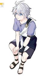  1boy aged_down antenna_hair arm_belt belt belt_buckle black_belt black_gloves blue_eyes blue_shirt buckle child fingerless_gloves gladiator_sandals gloves highres honkai:_star_rail honkai_(series) invisible_chair male_focus myama_mym parted_hair parted_lips phainon_(a_dream_scented_in_wheat)_(honkai:_star_rail) phainon_(honkai:_star_rail) sandals shirt short_sleeves shorts simple_background single_glove sitting solo twitter_username white_background white_hair 