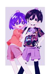  2boys alternate_costume antenna_hair black_eyes black_hair black_shirt black_thighhighs blush bright_pupils brown_shorts character_doll colored_skin commentary doll double-parted_bangs fang hair_between_eyes hector_(omori) highres holding holding_stuffed_toy jash_(omori) kel_(headspace)_(omori) kel_(omori) male_focus multiple_boys omori omori_(omori) open_mouth orange_shirt parted_lips pet_rock purple_hair shirt short_sleeves shorts smile stuffed_toy sweat t-shirt thigh-highs violet_eyes white_pupils white_skin yuyuyu_m5 